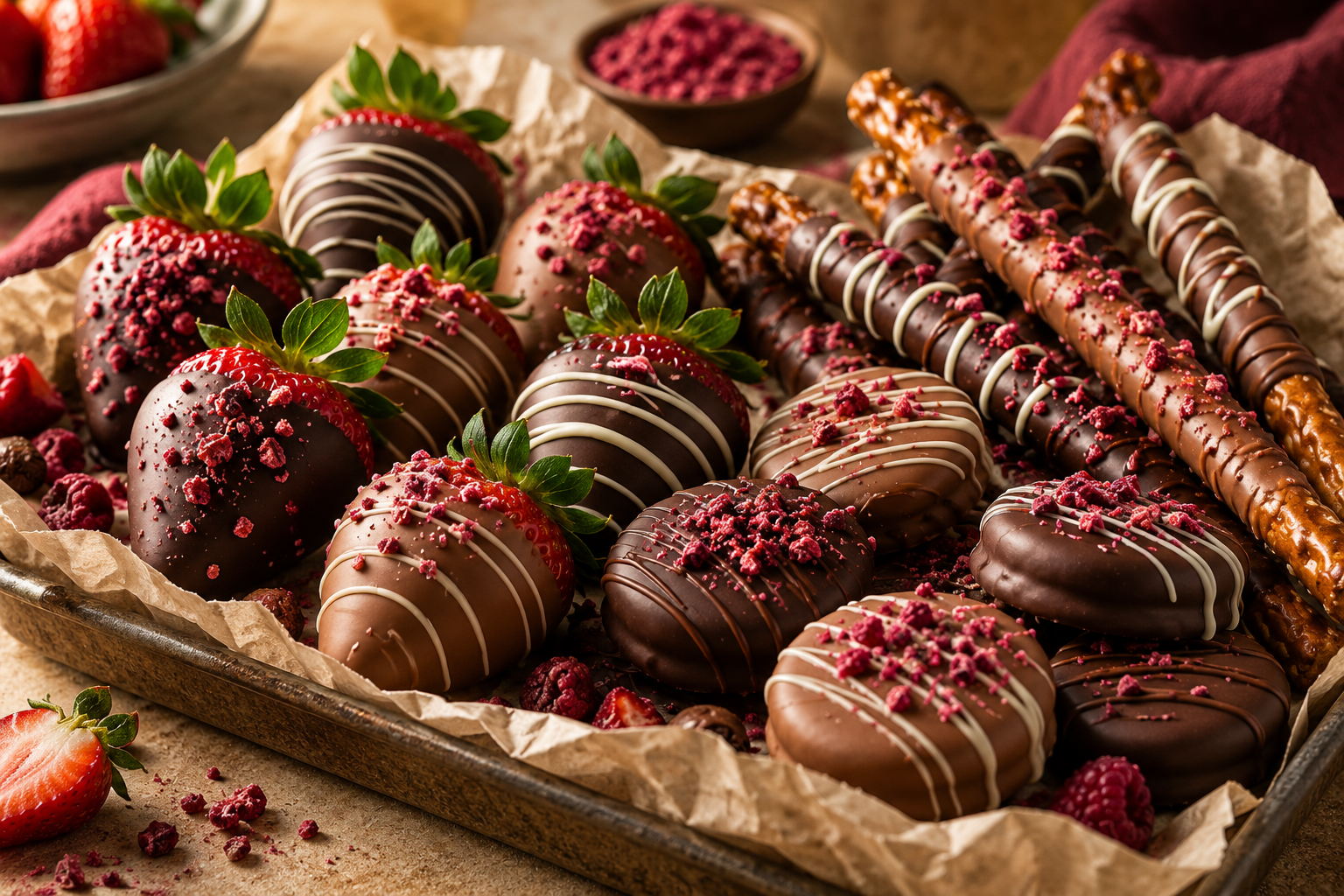 An assortment of chocolate-dipped strawberries, pretzels and cookies arranged on a tray